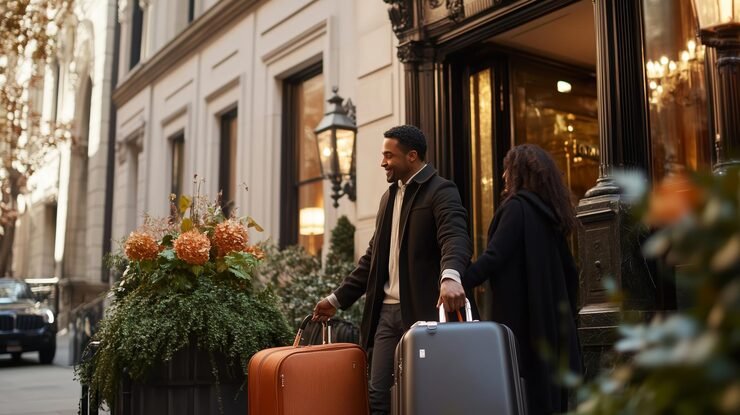 Luxury hotel guests with luggage before cruise transfer