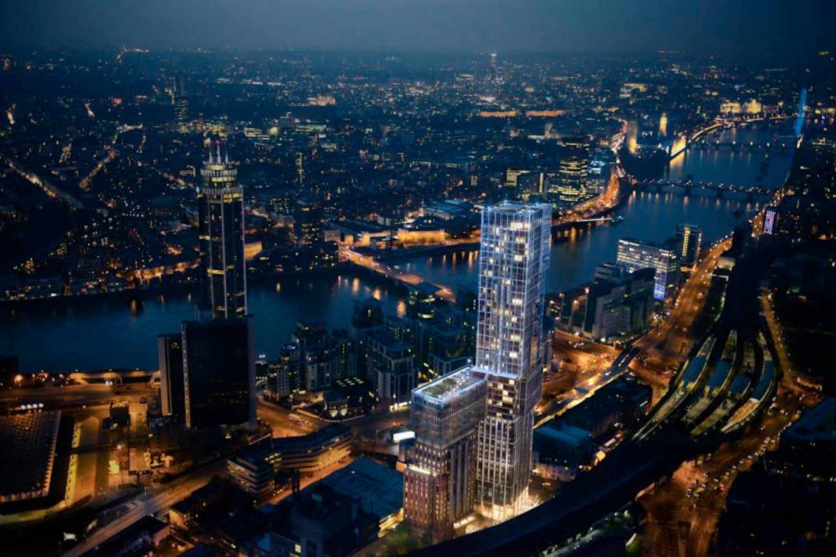 Luxury apartment entrance in London at night