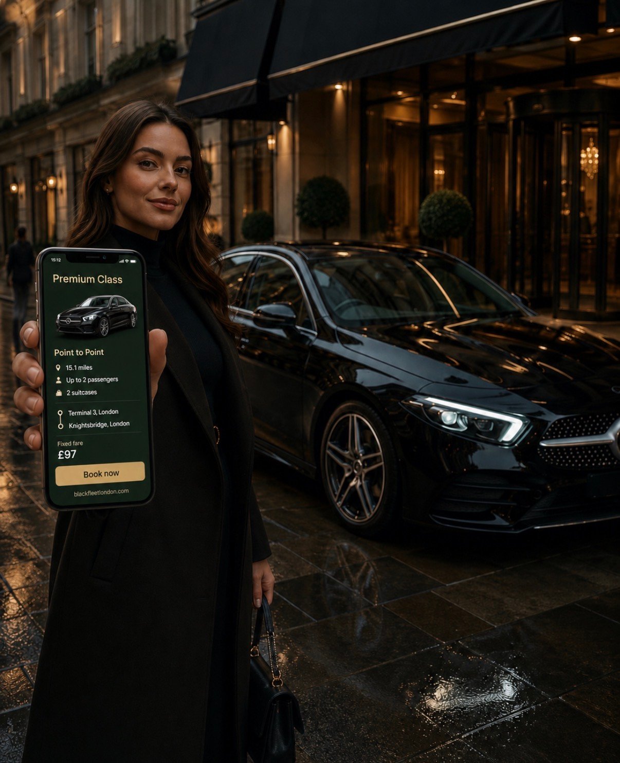 Black Fleet London Premium Class chauffeur service with Mercedes-Benz A-Class Saloon or similar category