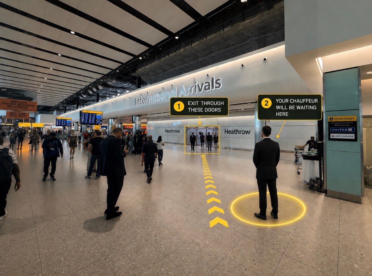 Black Fleet London chauffeur waiting position at Heathrow Terminal 2 arrivals