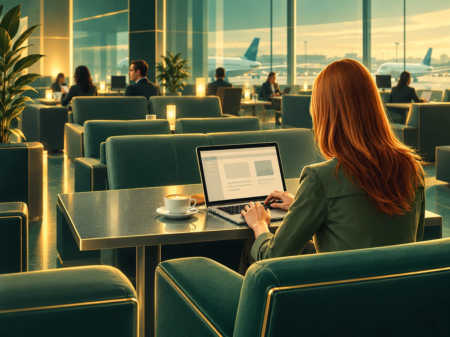 Illustration of a business traveller working on a laptop in an airport lounge, with aircraft visible through the windows.