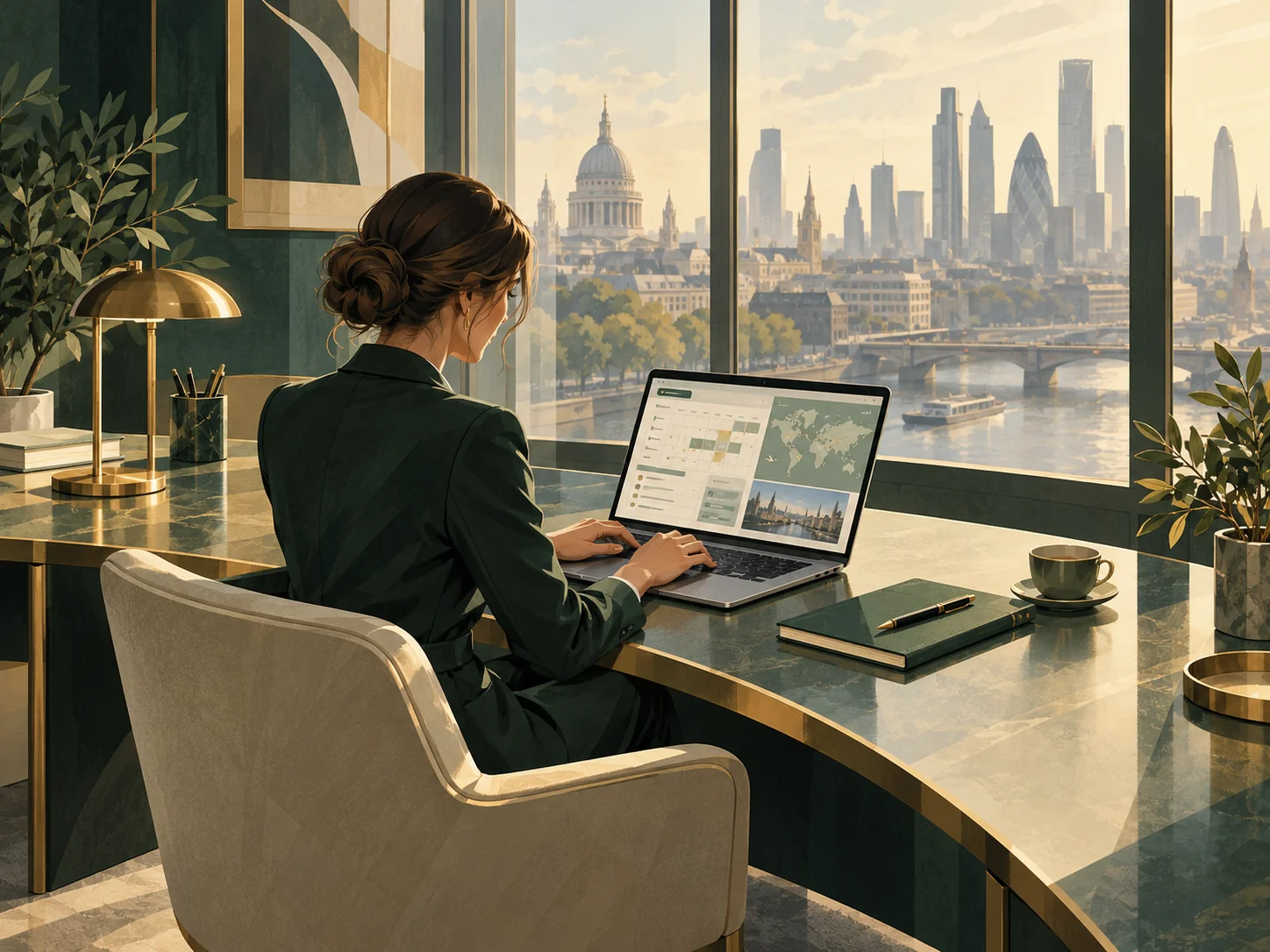 Illustration of a corporate travel coordinator planning a journey at an office desk.