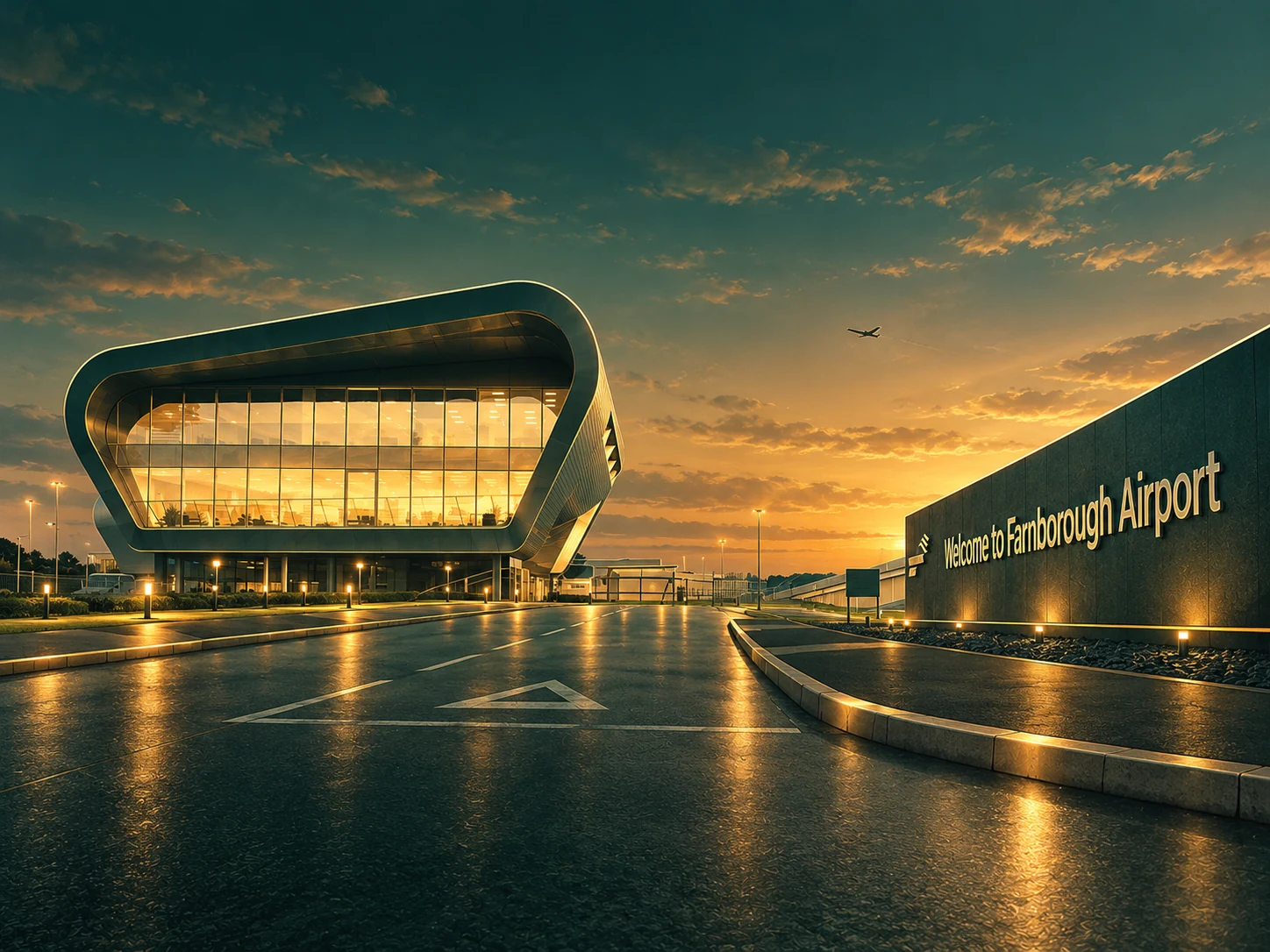 Illustration of Farnborough Airport entrance, showing its rounded glass-fronted terminal and airport welcome wall at dusk.