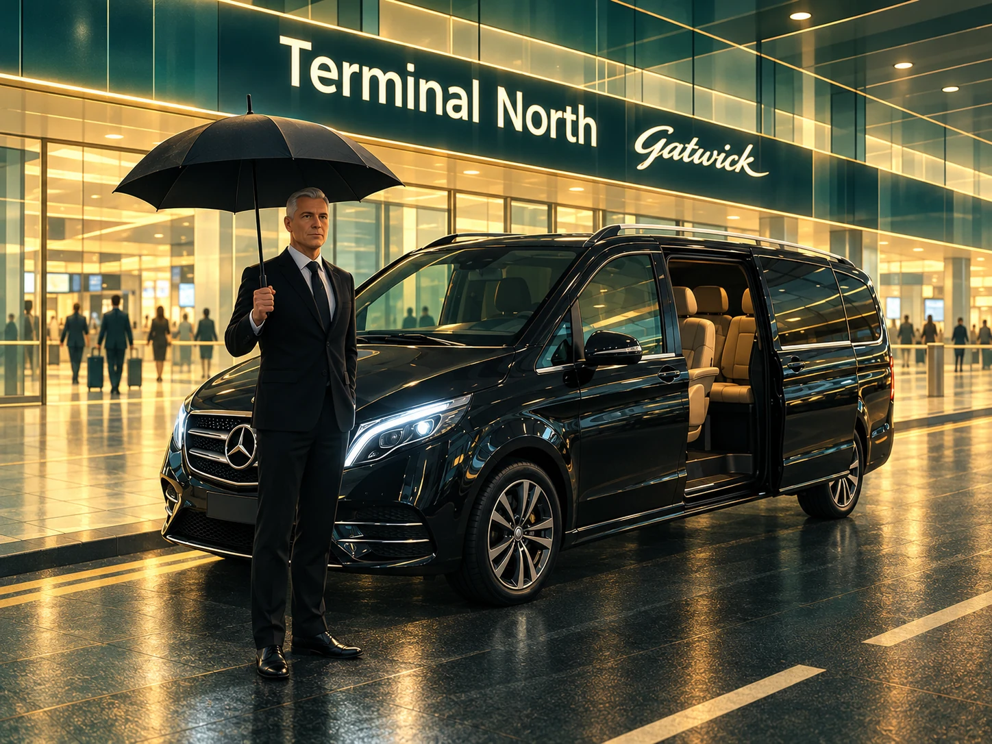 Illustration of a chauffeur holding an umbrella beside a black Mercedes-Benz V-Class outside Gatwick North Terminal.