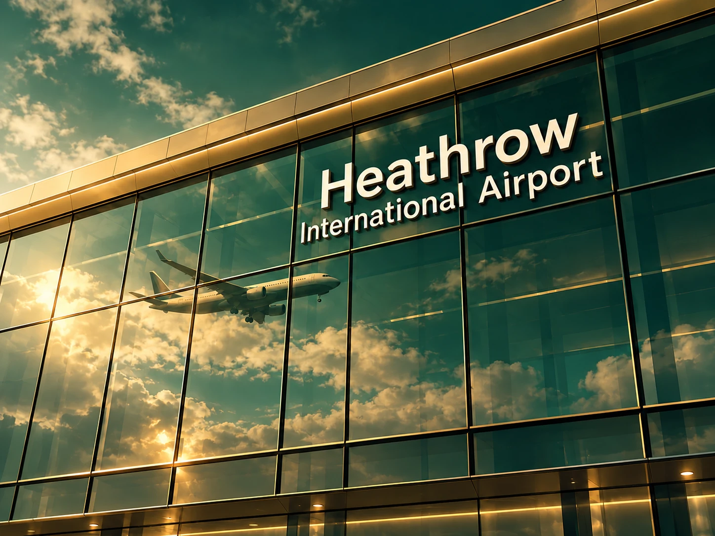 Illustration of an airport glass facade bearing the Heathrow name, with an aircraft reflected in its windows.