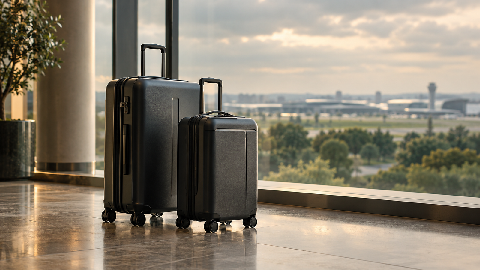 Illustration of luggage beside an airport terminal window