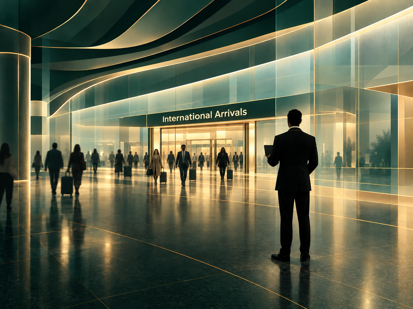 Illustration of a chauffeur welcoming passengers at international arrivals.