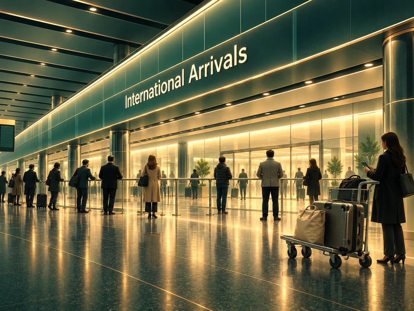 Illustration of people waiting beneath an International Arrivals sign, with a traveller and luggage trolley in the foreground.