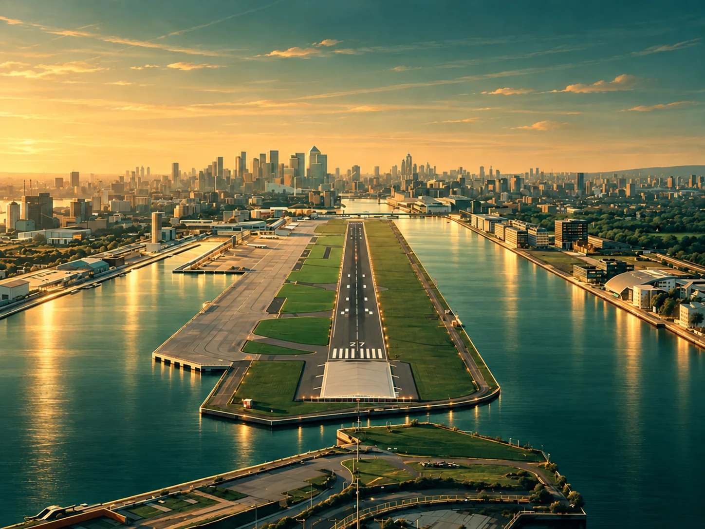 Illustration of London City Airport runway between the Royal Docks, with the Canary Wharf skyline in the distance.