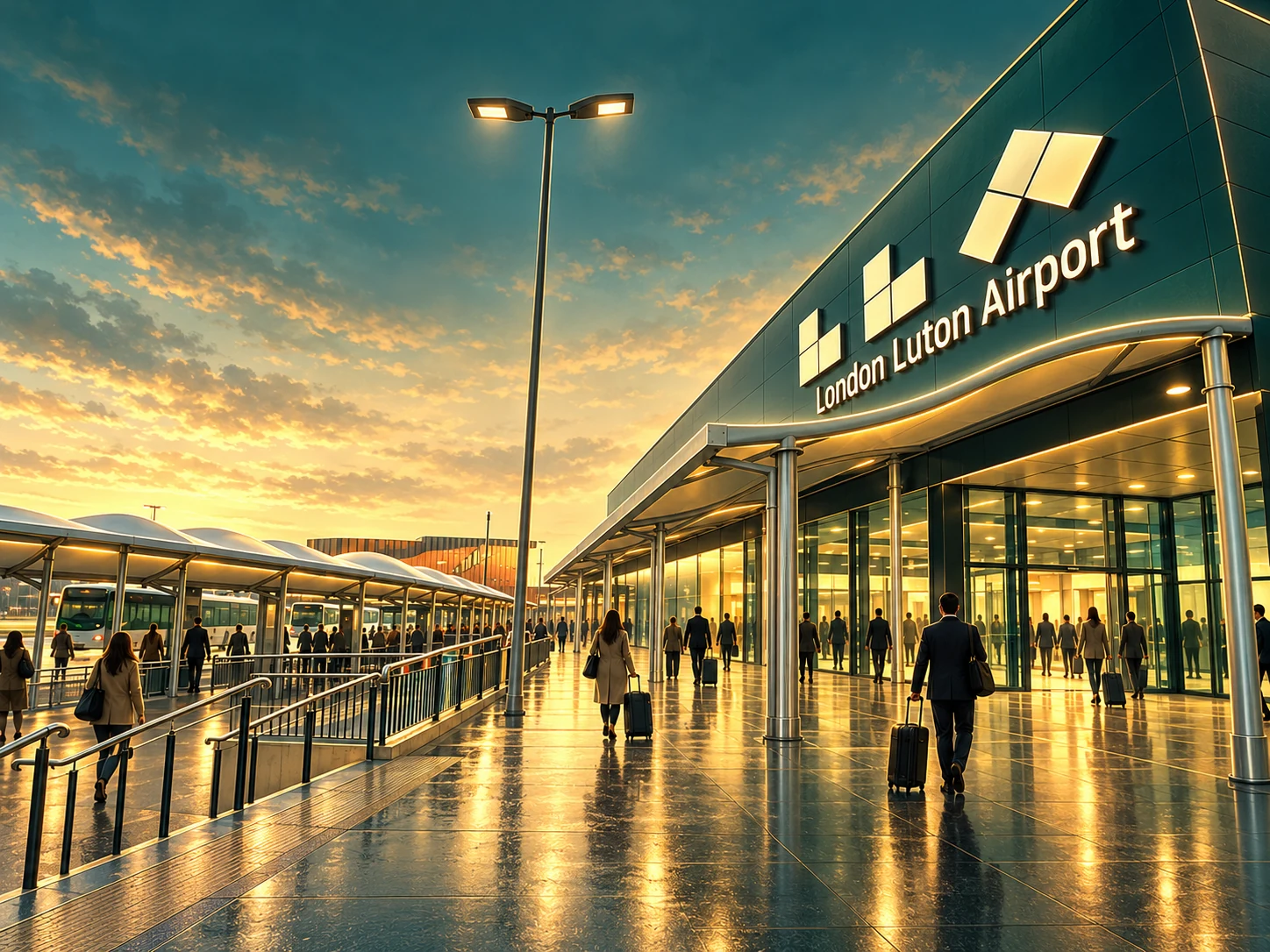 Illustration of London Luton Airport terminal, with its facade sign, covered walkways and travellers with suitcases.