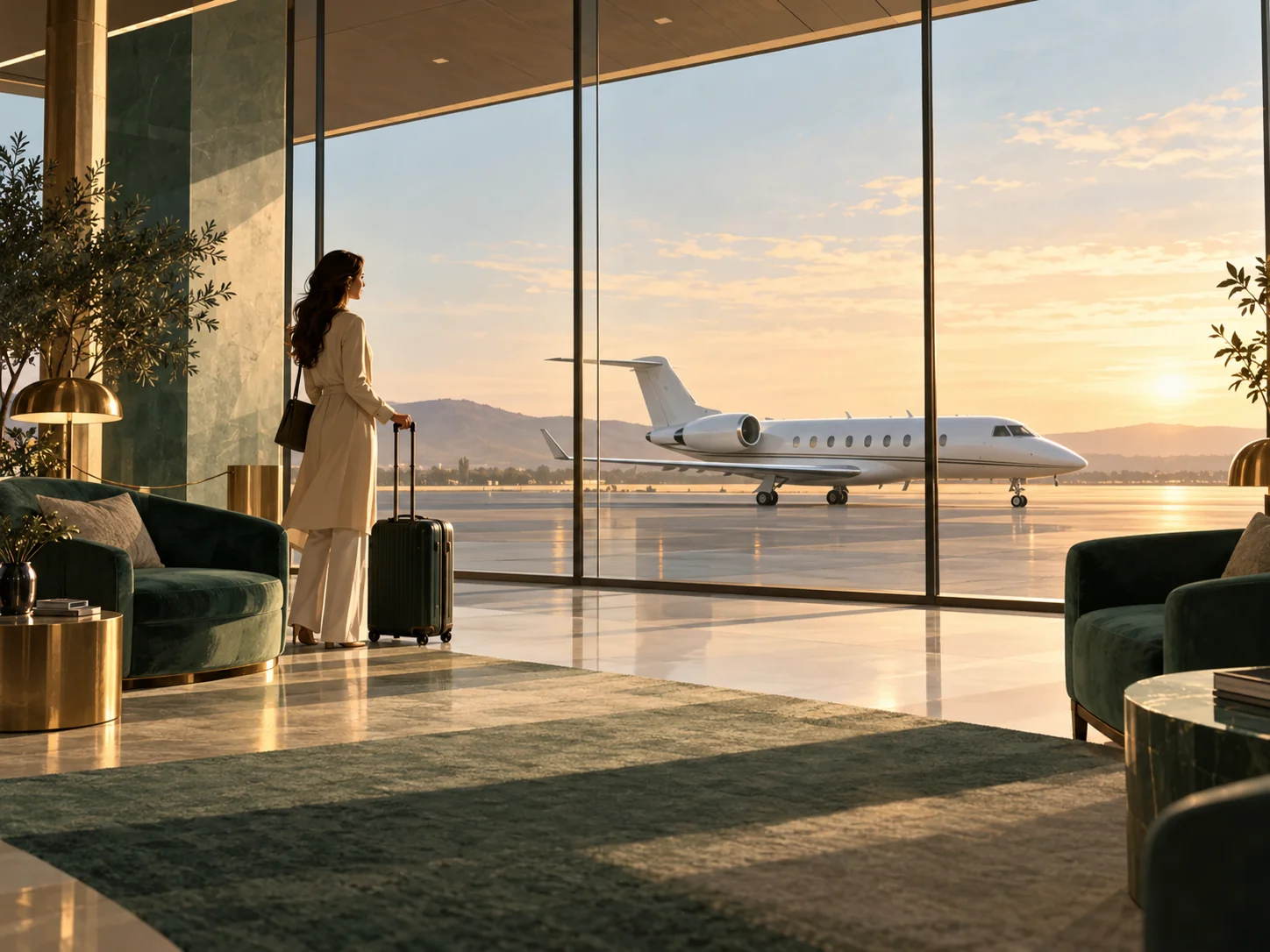 Illustration of a traveller in a private aviation lounge with a business jet beyond the windows.
