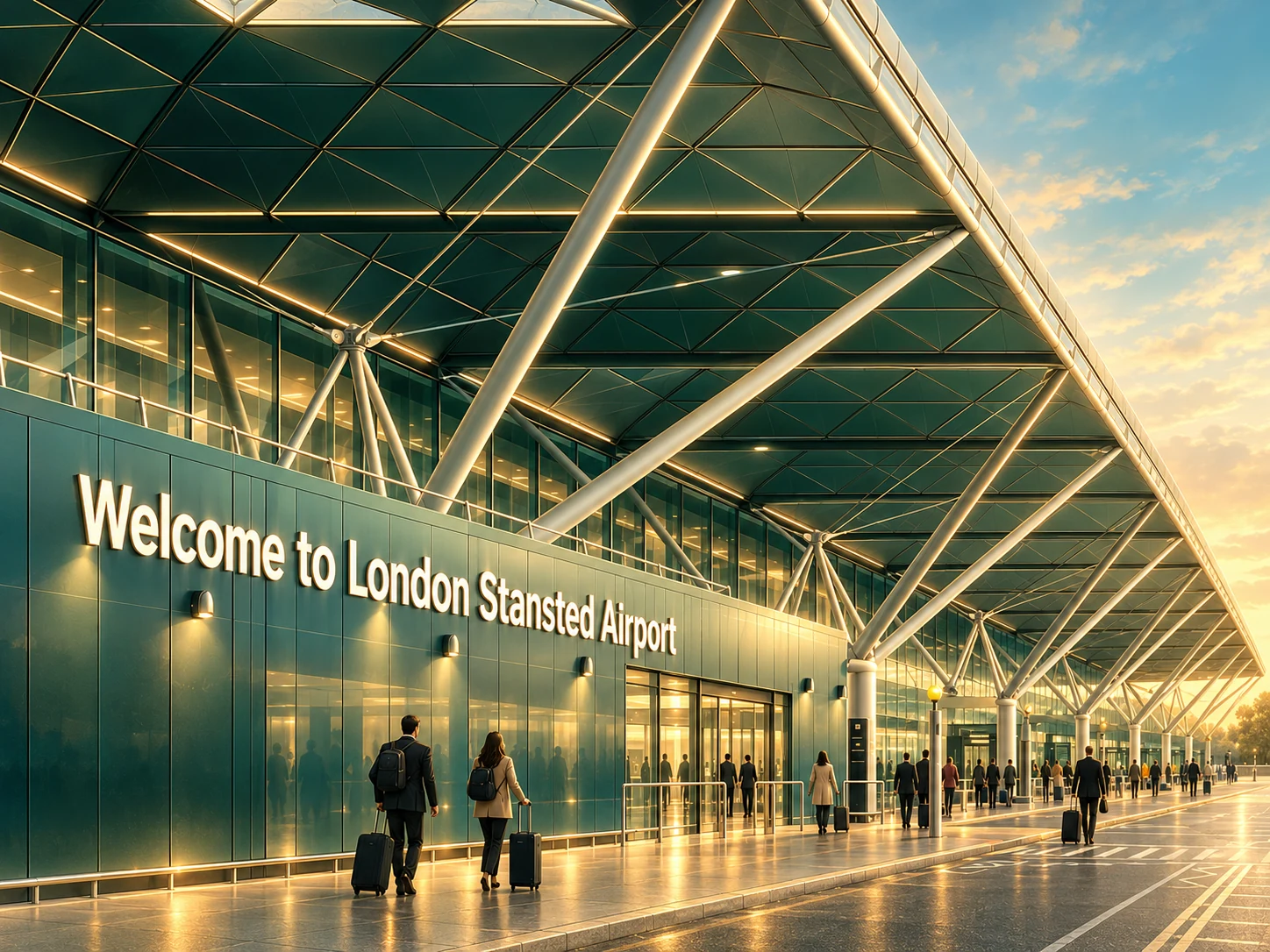 Illustration of London Stansted Airport terminal with its sweeping canopy, diagonal supports and travellers with suitcases.